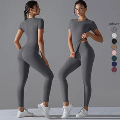 Quick-Drying Gym Leggings Set Yoga Suit Sports Set Sleeve Breathable Stretchy GYM Yoga Slim Fitness Active Top Tight Yoga Pant - HULAA