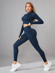 Women 2 Piece Workout Sets Hidden Scrunch Butt Lifting Seamless Leggings Long Sleeve Yoga Crop Tops - HULAA