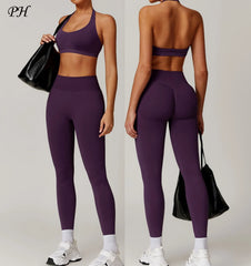 Seamless Yoga Halter Bra Leggings Set Women Gym Fitness Tracksuit Breathable Running Sport Suit Women's Workout Sportswear 2025 - HULAA
