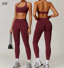 Seamless Yoga Halter Bra Leggings Set Women Gym Fitness Tracksuit Breathable Running Sport Suit Women's Workout Sportswear 2025 - HULAA
