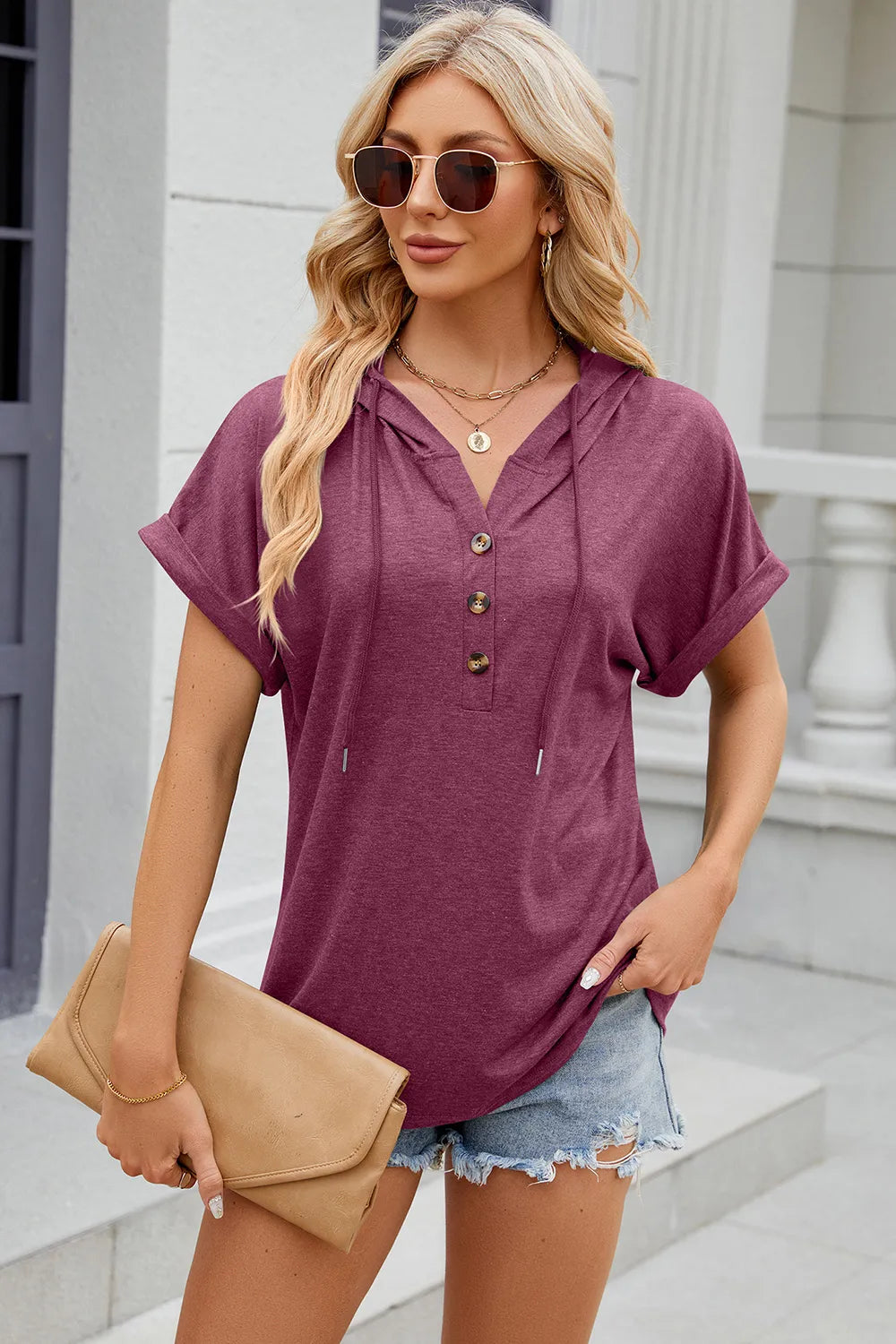 Florira Hooded Short Sleeve Button T-Shirt