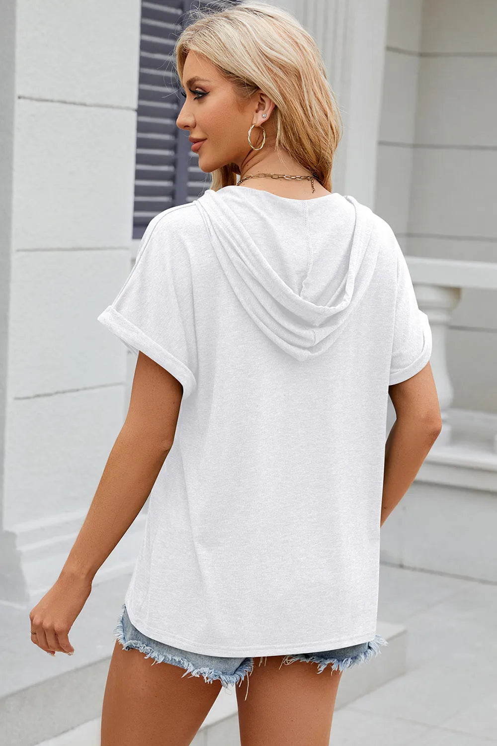 Florira Hooded Short Sleeve Button T-Shirt