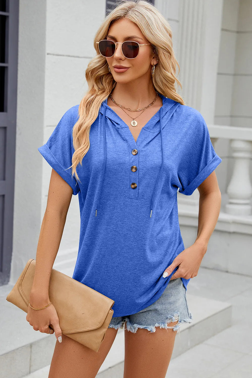 Florira Hooded Short Sleeve Button T-Shirt