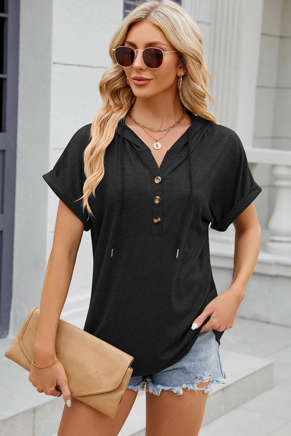 Florira Hooded Short Sleeve Button T-Shirt