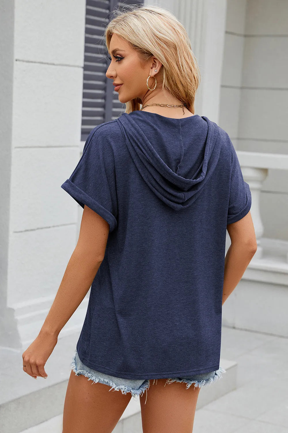 Florira Hooded Short Sleeve Button T-Shirt