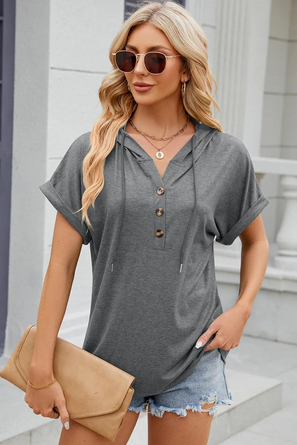 Florira Hooded Short Sleeve Button T-Shirt