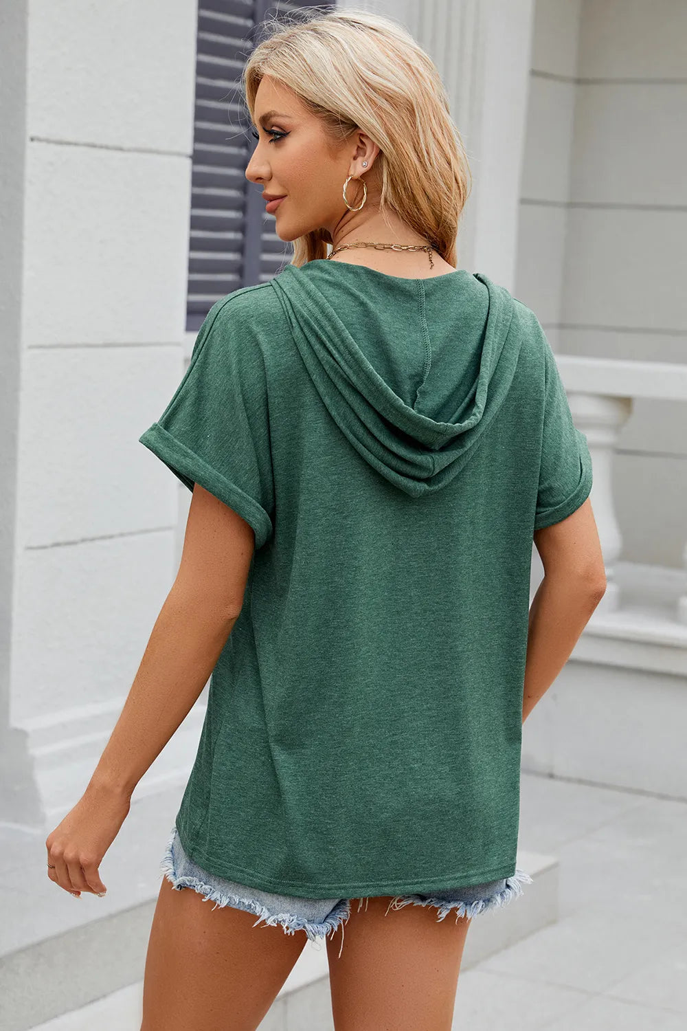 Florira Hooded Short Sleeve Button T-Shirt