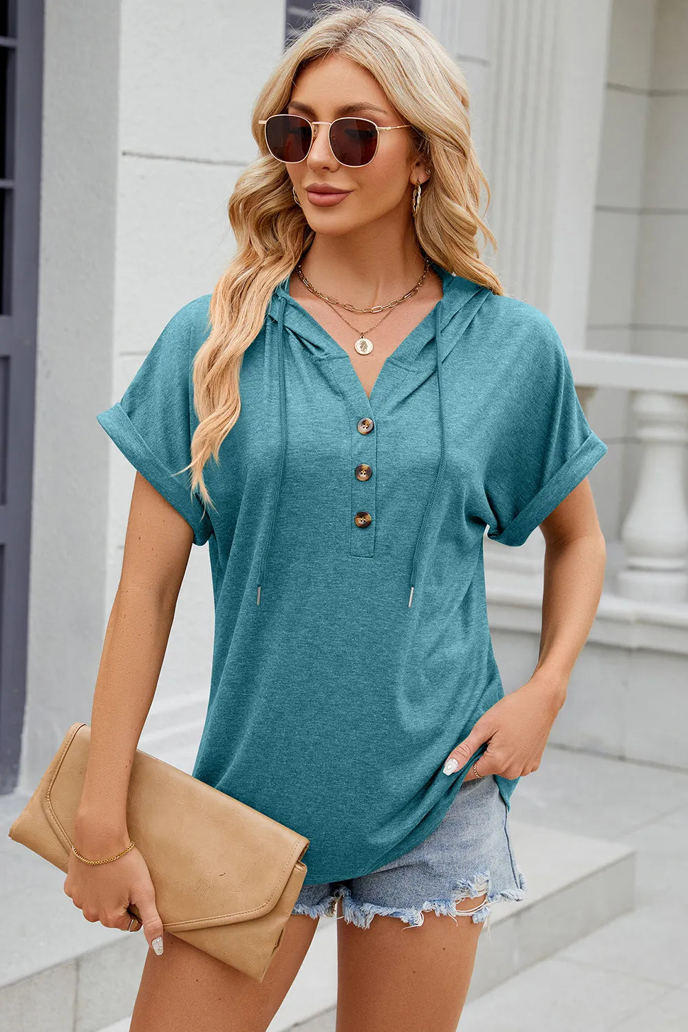 Florira Hooded Short Sleeve Button T-Shirt