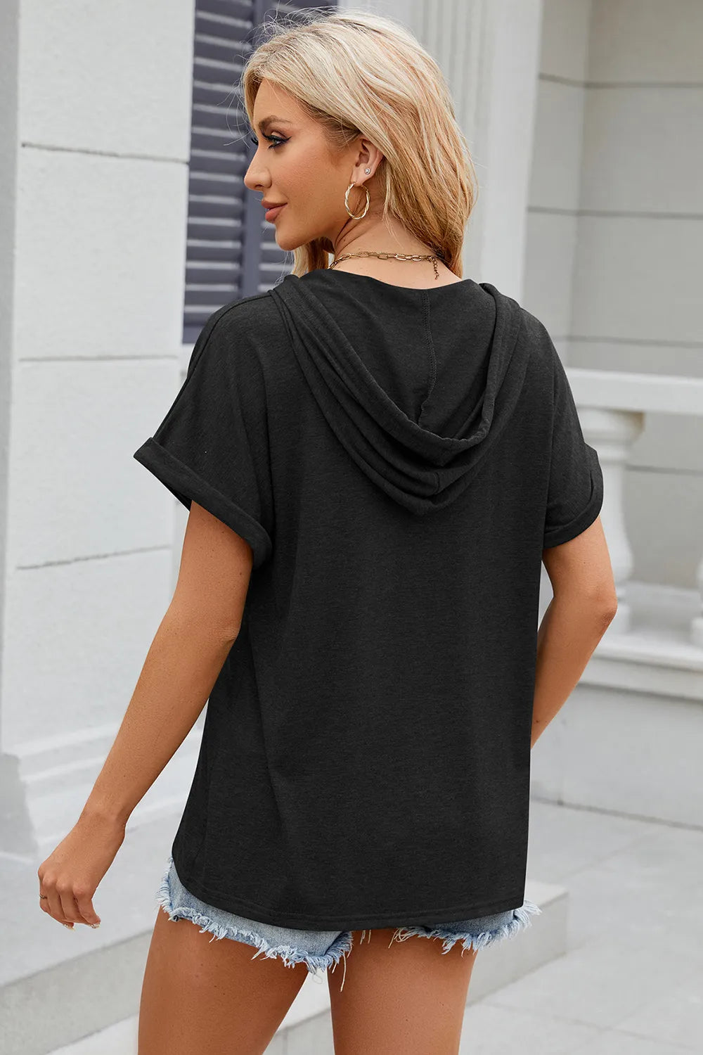 Florira Hooded Short Sleeve Button T-Shirt