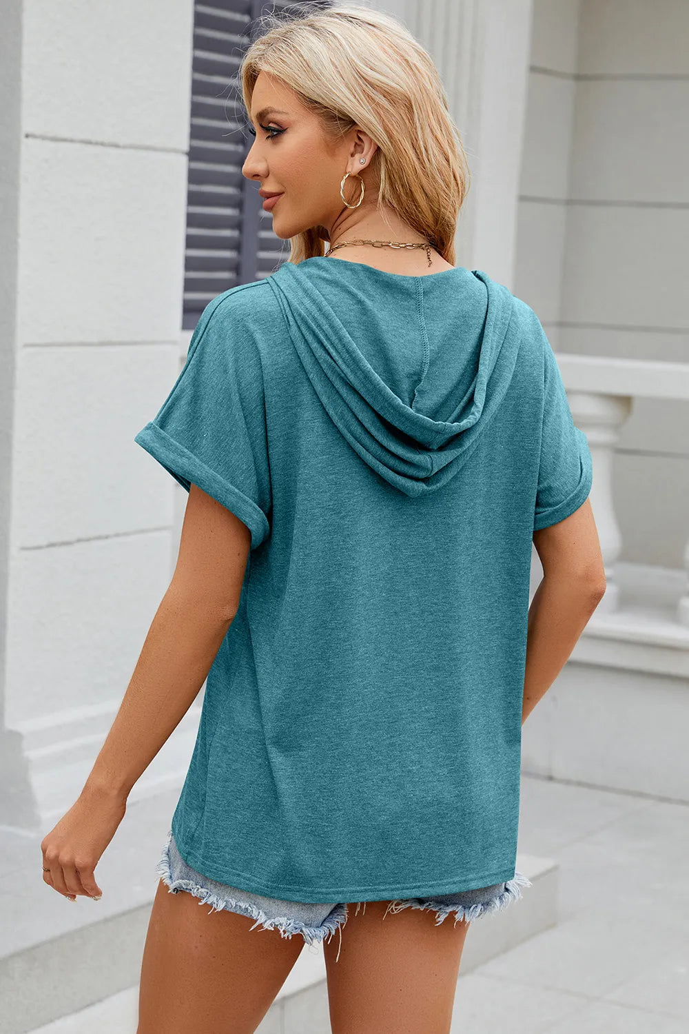 Florira Hooded Short Sleeve Button T-Shirt