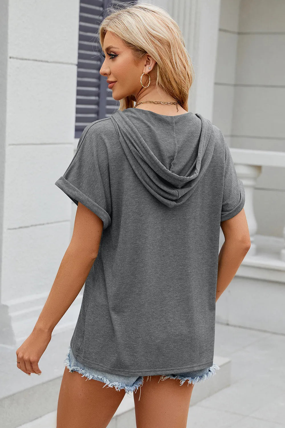 Florira Hooded Short Sleeve Button T-Shirt