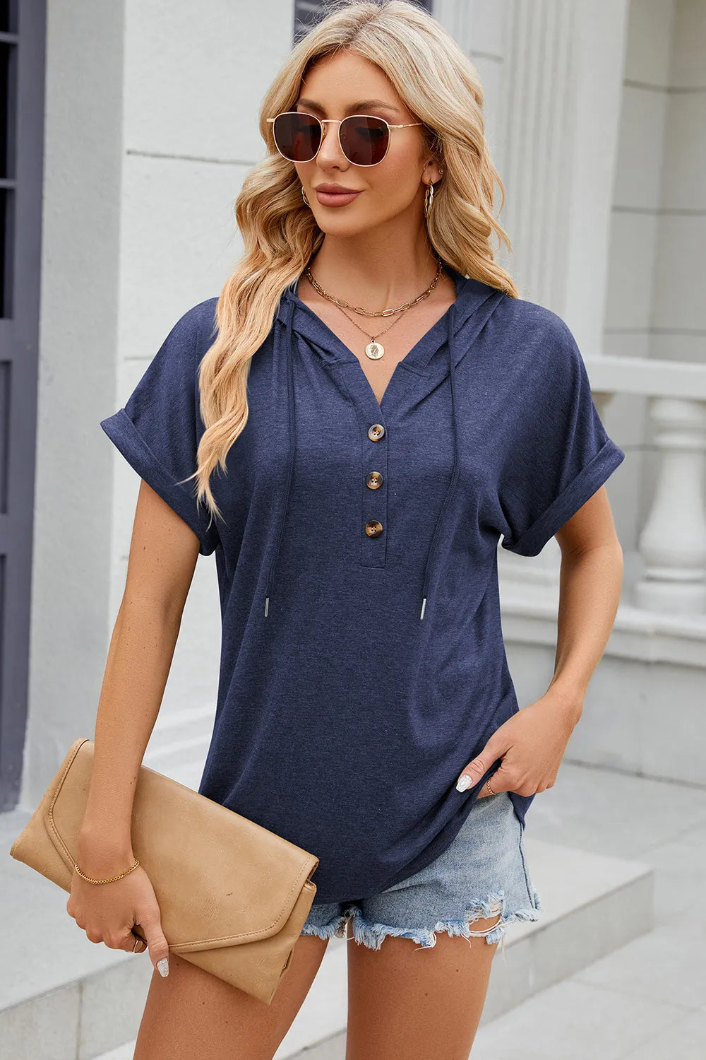 Florira Hooded Short Sleeve Button T-Shirt