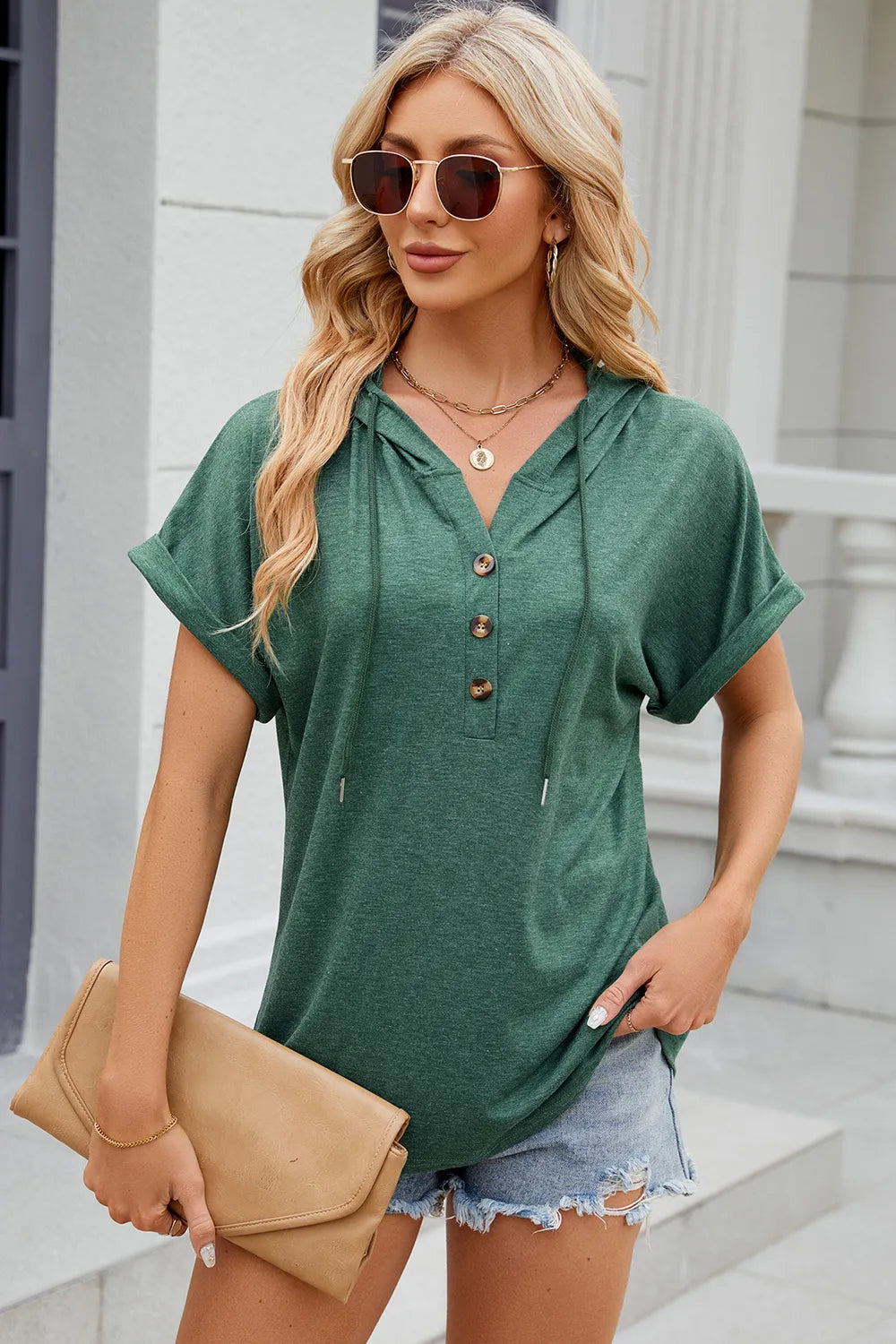 Florira Hooded Short Sleeve Button T-Shirt