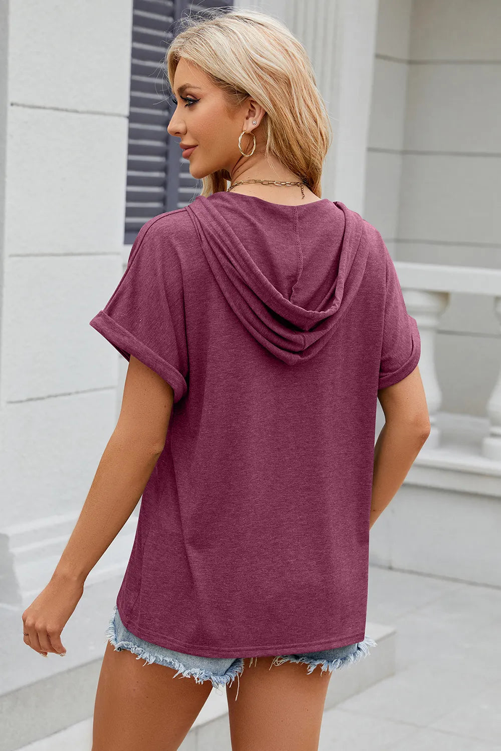Florira Hooded Short Sleeve Button T-Shirt