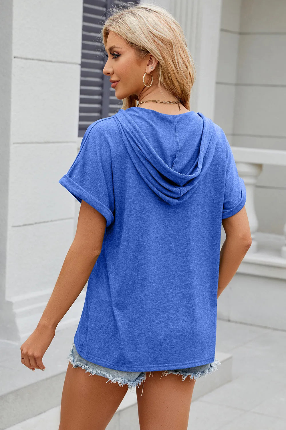 Florira Hooded Short Sleeve Button T-Shirt
