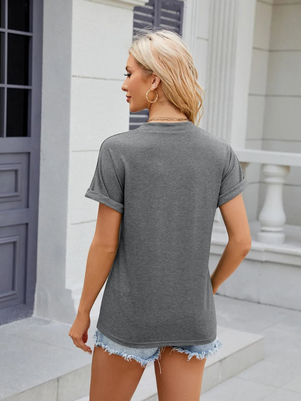 Florira Notched Short Sleeve V- Neck T-Shirt