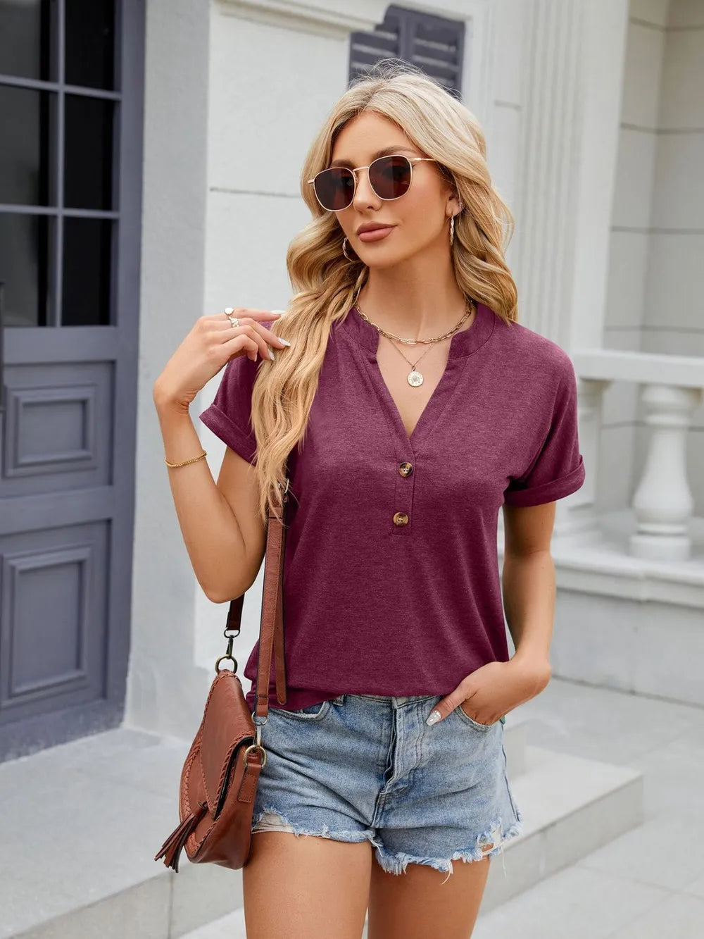 Florira Notched Short Sleeve V- Neck T-Shirt