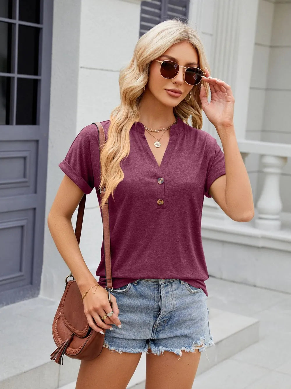 Florira Notched Short Sleeve V- Neck T-Shirt