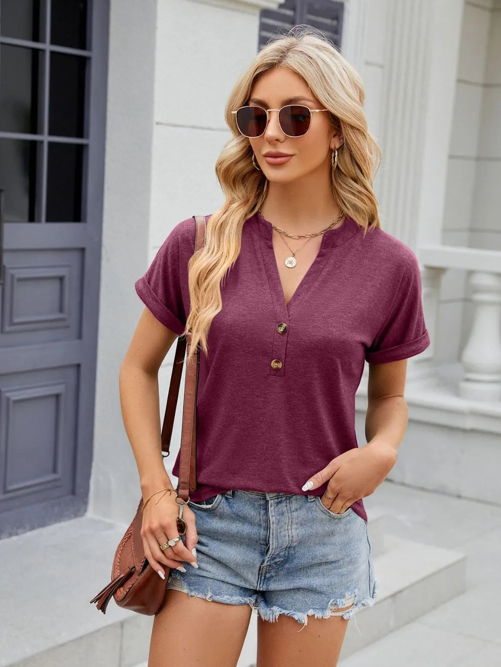 Florira Notched Short Sleeve V- Neck T-Shirt
