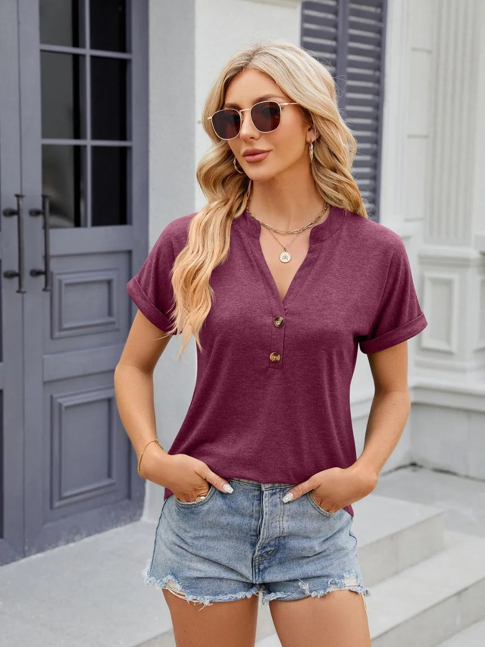 Florira Notched Short Sleeve V- Neck T-Shirt