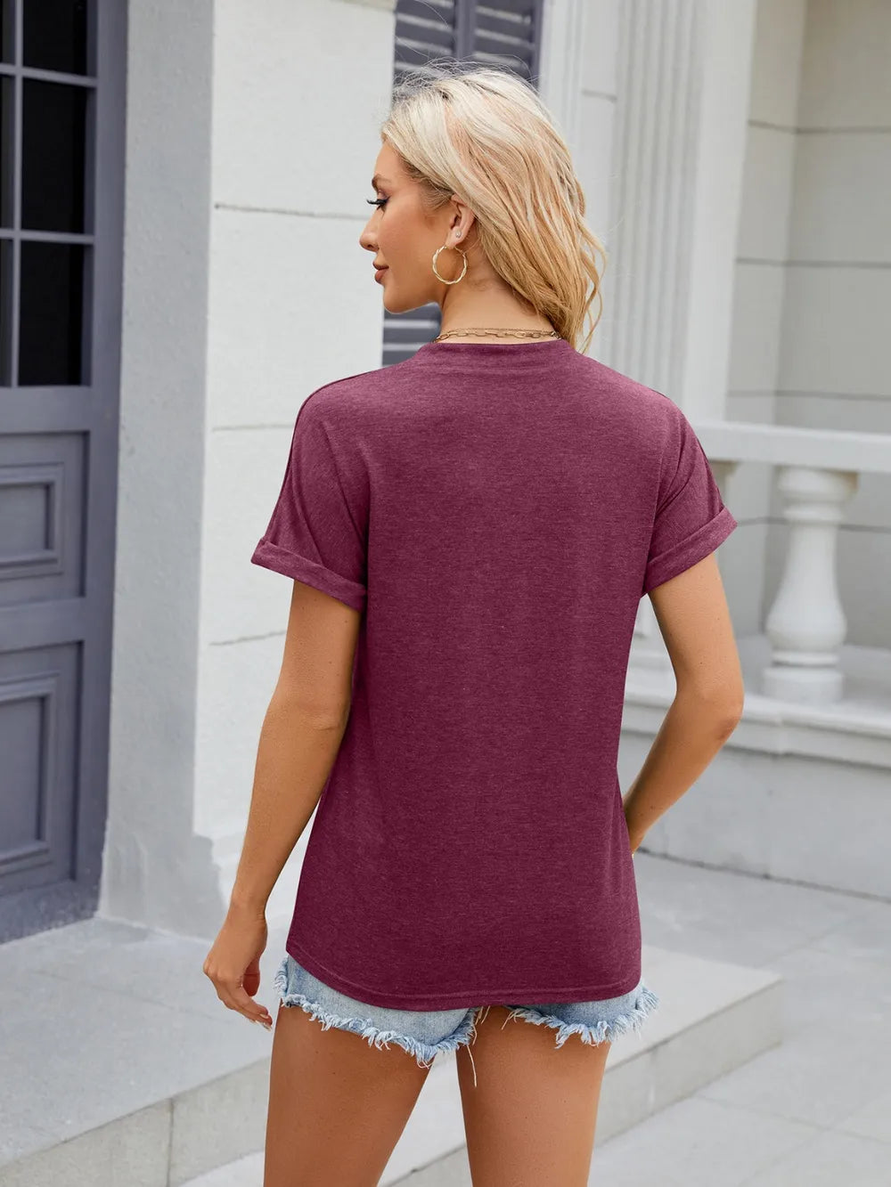 Florira Notched Short Sleeve V- Neck T-Shirt