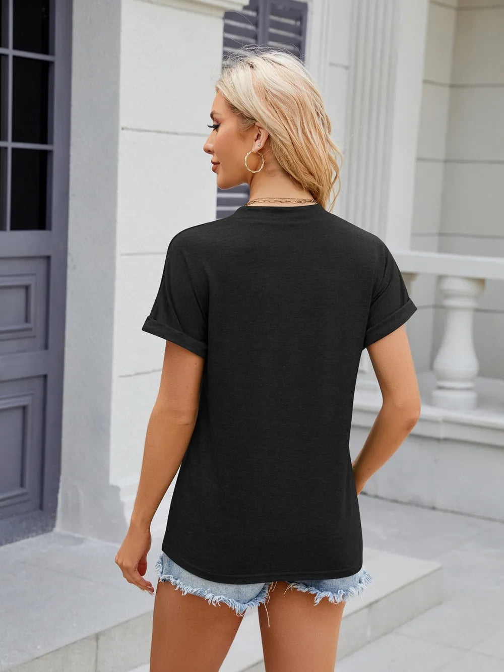 Florira Notched Short Sleeve V- Neck T-Shirt