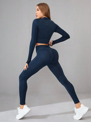 Women 2 Piece Workout Sets Hidden Scrunch Butt Lifting Seamless Leggings Long Sleeve Yoga Crop Tops - HULAA