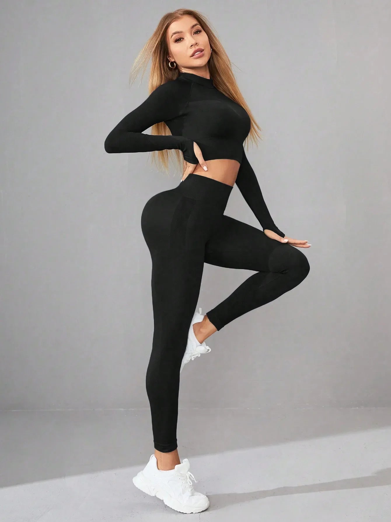 Women 2 Piece Workout Sets Hidden Scrunch Butt Lifting Seamless Leggings Long Sleeve Yoga Crop Tops - HULAA