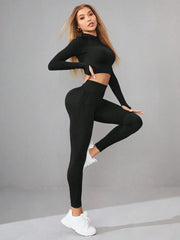 Women 2 Piece Workout Sets Hidden Scrunch Butt Lifting Seamless Leggings Long Sleeve Yoga Crop Tops - HULAA